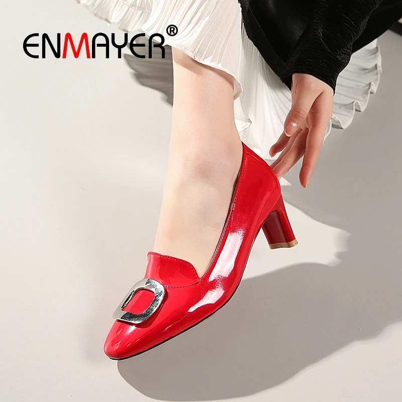 

ENMAYER Basic High Square Heel Zapatos De Mujer Pumps Women Square Toe Casual Slip-On Mary Jane Shoes Size 34-45 LY1573