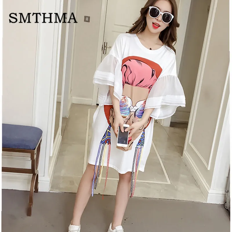

SMTHMA 2019 Summer Girl Head Cartoon Sequins Print Flare Sleeve Tassel Irregular Dresses plus size woman dress vestido