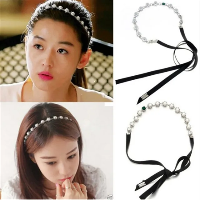Korea Style Crystal Simulated Pearl Hairband Headwear Silk Ribbon