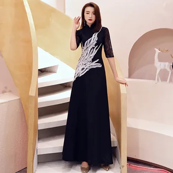 

Female Qipao Long Appliques Maxi Evening Dress Cheongsam Lace Perspective Mandarin Collar Vestidos Sexy Formal Party Dress