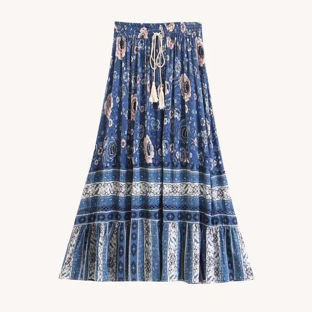 Boho Gypsy Collective Navy Florals Midi Skirt Elastic Waist Ruffle Hem