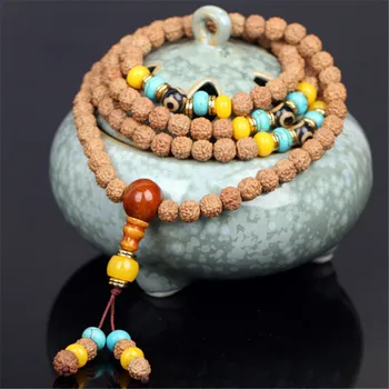 

Fashion 8mm 5-petal Buddhist Rudraksha 108 Beads Bracelet /Necklace Third Eye DZI Cattle Bone Triplet Prayer Mala Gift Dropship