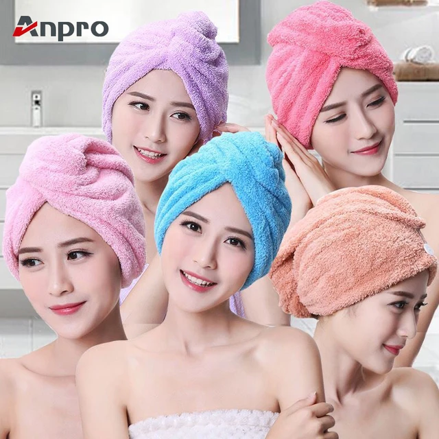 Anpro Coral Velvet Dry Hair Bath Towel Microfiber Quick Drying Turban Super Absorbent Women Hair Cap Wrap with Button thicken
