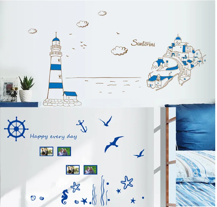

Mediterranean Ocean World Photo Marine Castle Fish Sea Gull DIY Wall Sticker Wall Decal For Home decoration Kids Room Wallpaper