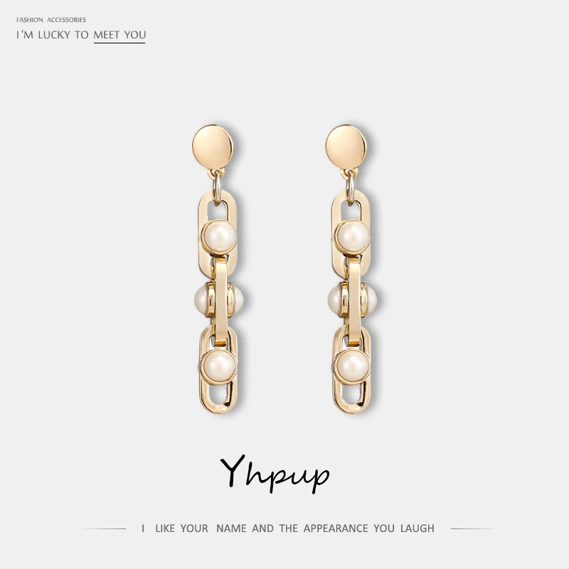 

Yhpup Brand Europe Fashion Jewelry Long Dangle Earrings Geometric Personality Simulated Pearls Oorbellen for Women Party Gift