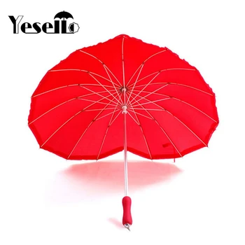 

Yesello 1pcs red heart shape 16 ribs peach Folding Sunny and Rainy Umbrella for women wedding party