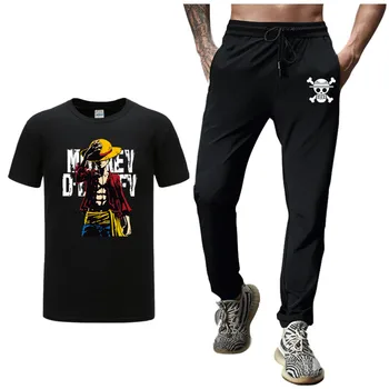 

One Piece Luffy Tracksuit Fashion Sets Men T shirt+pants casual Clothing 2 Pieces Sets tshirt anime summer tops tees homme