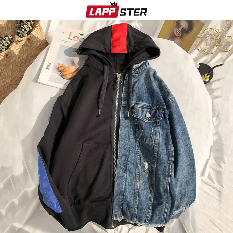 LAPPSTER Men Streetwear Fake Two Pieces Jean Jacket Windbreaker 2019 Mens Patchwork Hooded Bomber Jacket Designer Denim Jackets LAPPSTER Men Streetwear Fake Two Pieces Jean Jacket Windbreaker 2019 Mens Patchwork Hooded Bomber Jacket Designer Denim Jackets