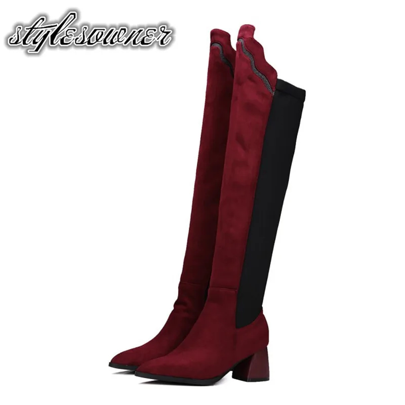 

Stylesowner Korean Style Brand Knee-high Boots High Heels Top Quality Pointed Toe Slip-on Flock Winter Long Boots Non-slip Boots