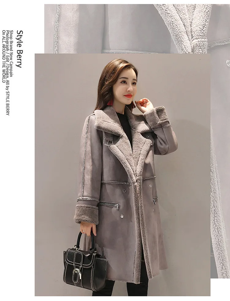 Зимнее женское пальто из искусственной овечьей шерсти, овчина, женские длинные пальто из искусственной замши, кожаные куртки, серый, розовый, S-XXL, W1444