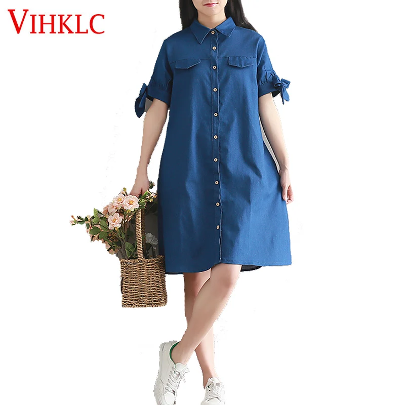 

Chinese Denim Dresses Women Fashion Loose Bow Cardigan Vintage Spring Summer Women Dresses Vestidos Jeans Women Clothes H973