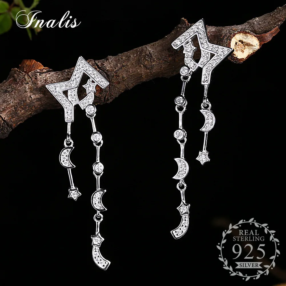 

INALIS Crescent Half Moon & Star with Cubic Zircon CZ 925 Sterling Silver Drop Earrings for Women Jewelry Bijoux Pendientes