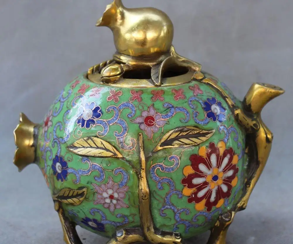 

free shipping Chinese Cloisonne Enamel Gild Pomegranate Guava Incense Burner Censer Statue
