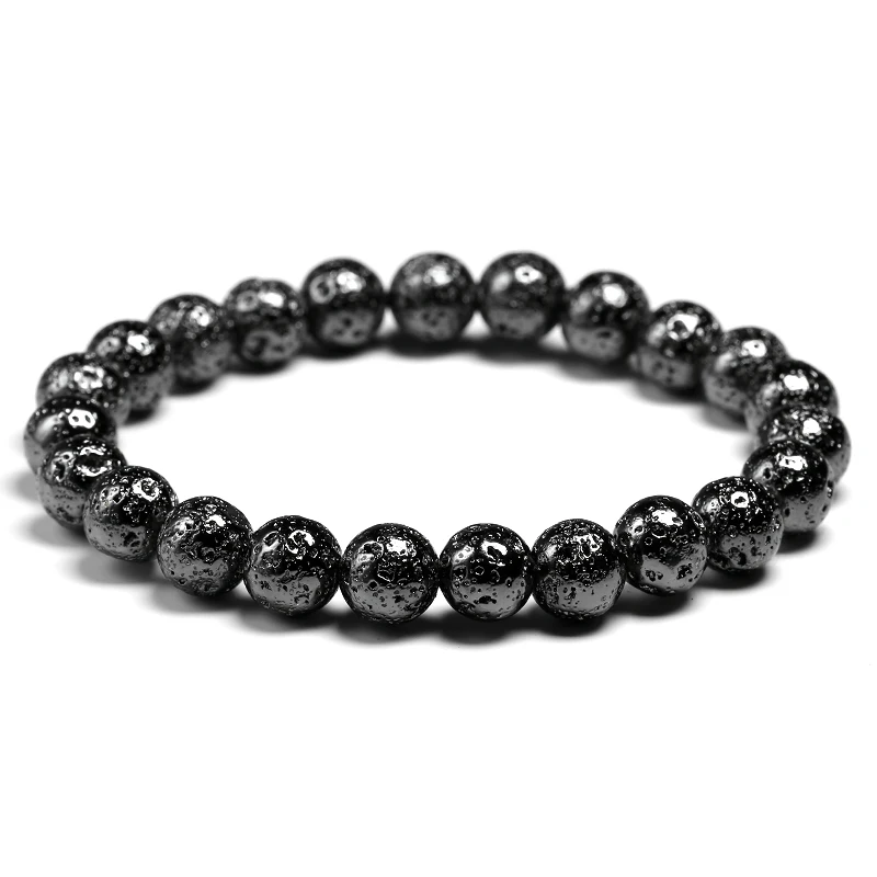 Plating Natural Stone Lava Bracelets Men Fashion 8mm Round Black Beads Elasticity Rope Bracelet for Women Strand Jewelry