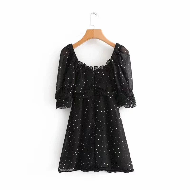 Элегантное платье в горошек с оборками, женское летнее платье, корейское пляжное вечернее платье с открытой спиной, сексуальное шифоновое Черное мини-платье vestidos