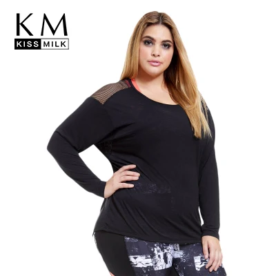

Kissmilk Women Plus Size Mesh Contrast Hollow Out Back T Shirt Round Neck Sexy Basic T Shirt Large Size Casual Loose T Shirt