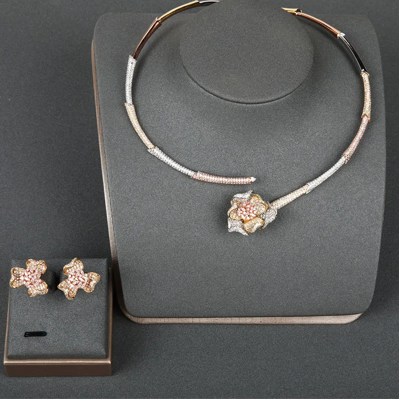 

Blucome Cubic Zirconia African Indian Flower Necklace Earring Sets 3 Tone Plated Nigeria Rose Women Wedding Bridal Jewelry Sets