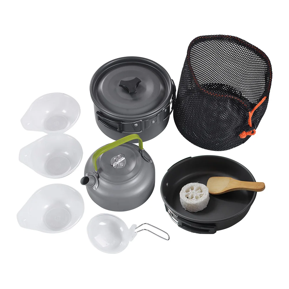 AOTU 9pcs Camping Pot Pan Kettle Bowl Spoon Set Aluminum Alloy Outdoor