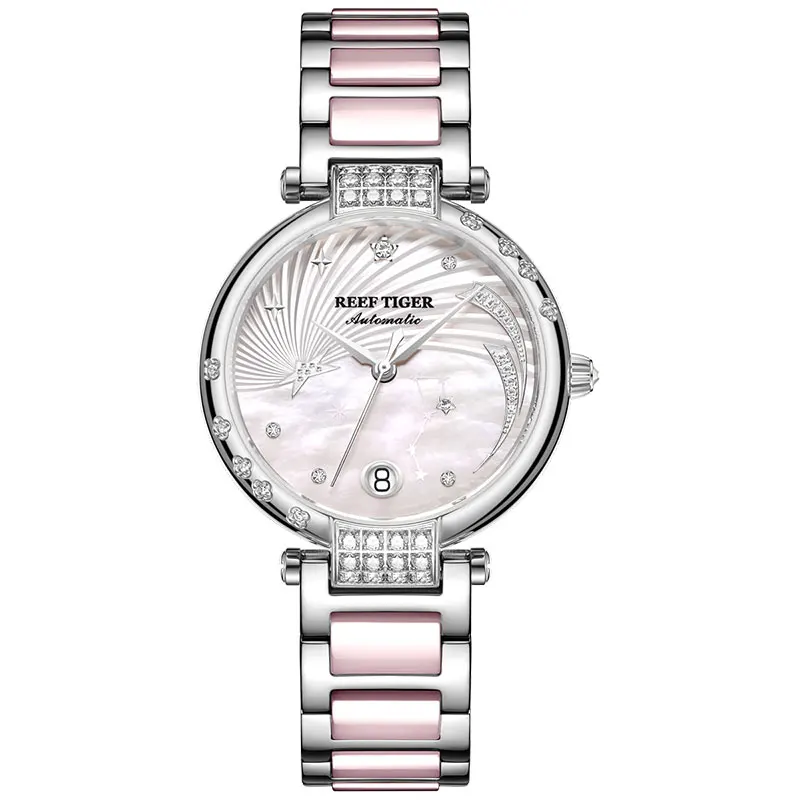 Риф Тигр/RT дизайн роскошные часы из нержавеющей стали белый циферблат автоматические часы женские с кристаллами браслет часы Galaxy RGA1592 - Цвет: RGA1592-YPT