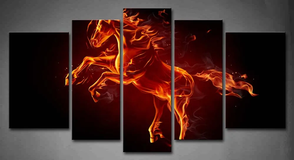 

5 Pics Framed Wall Art Pictures Red Flame Horse Canvas Print Artwork Animal Modern Posters With Wooden Frames For Decor