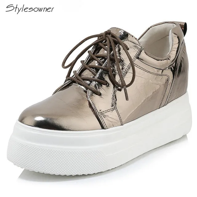 

Stylesowner Blingbling fashion shoes Sheepskin Round Platform flat Women Shoes 2019 Summer New Lace Up Single Shoes Woman