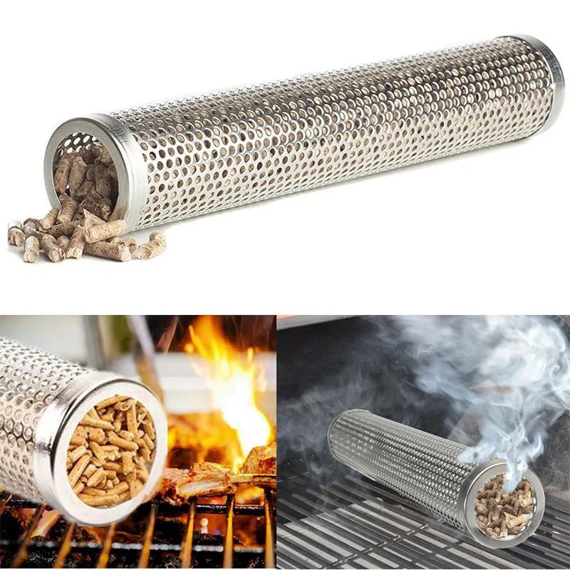 

20cm Square Round BBQ Grill Hot Cold Smoking Mesh Tube Smoke Generator Stainless Pellet Smoker Tube BBQ Tool Kitchen Accessories