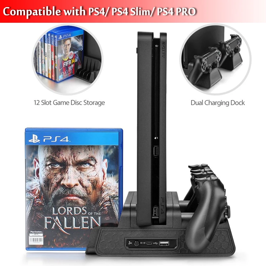 

DOBE PS4/PS4 Slim/PS4 PRO Vertical Stand with Cooling Fan Cooler Dual Controller Charger Charging Station for SONY Playstation 4