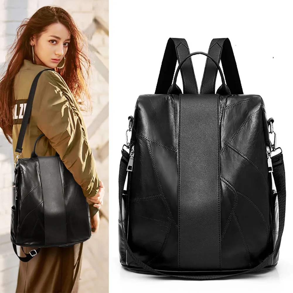 

Women Leather Japan and Korean Style Satchels Zipper Bag Sheepskin Backpack Soft Leather Large Capacity Travel Bag