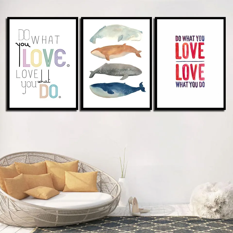 

Wall Art HD Prints Pictures Canvas Painting Do What You Love Nordic Watercolor Whale Fish Style Poster Girl'S Room Kids Decor