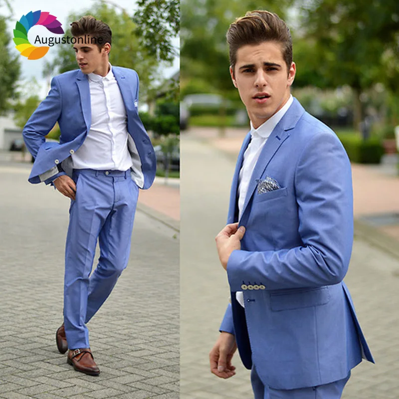 Blue Wedding Men Suits Slim Fit Groom Wear Tuxedos Prom Suits 2 Pieces (Jacket+Pants) Bridegroom Best Man Blazer Costume Homme