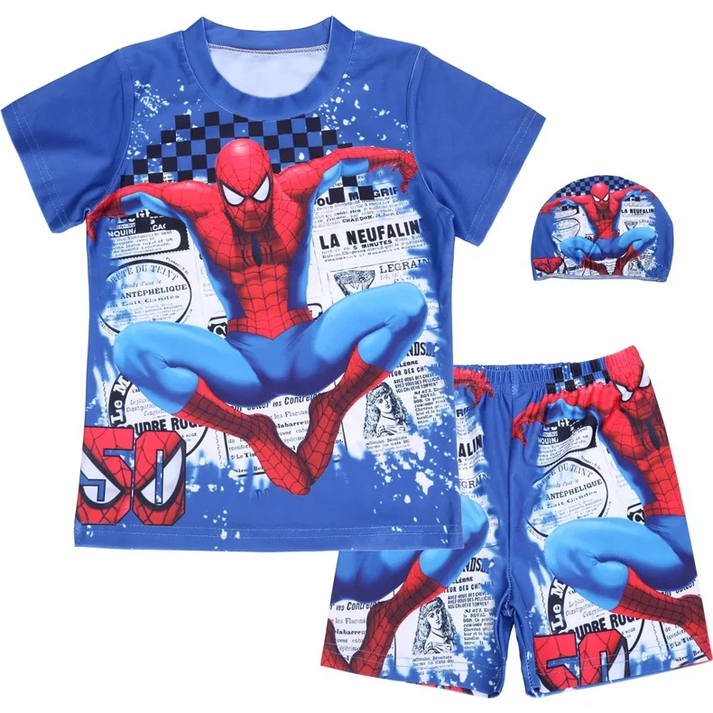 6 стилей, модная детская одежда из 3 предметов, супергерой Человек-паук, Altman, плавки, трусы шапочка, костюм, купальник для мальчиков, Детская футболка, шорты - Цвет: Blue 2