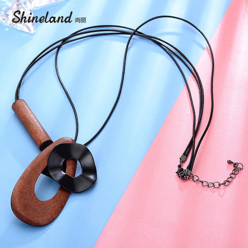 

Shineland Vintage Woman Necklaces Fashion Jewelry Wooden Geometric Double Layer Black Leather Pendants Unisex Collares Mujer