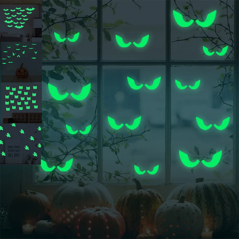 

Green Glowing In The Dark Eyes Bat Witch Wall Glass Sticker Halloween Decoration Decals Luminous Home Ornaments