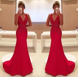 Блестящее уникальное красное платье с двумя бретелями и v-образным вырезом без рукавов с аппликацией длинное выпускное платье 2018 robe de soiree