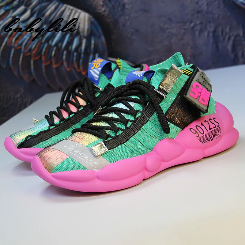 

Sneaker Women Shoes 2019 Summer Sneakers for Women Flying and Weaving Breathable Reflective Thick Bottom Sneakers Woman Sports