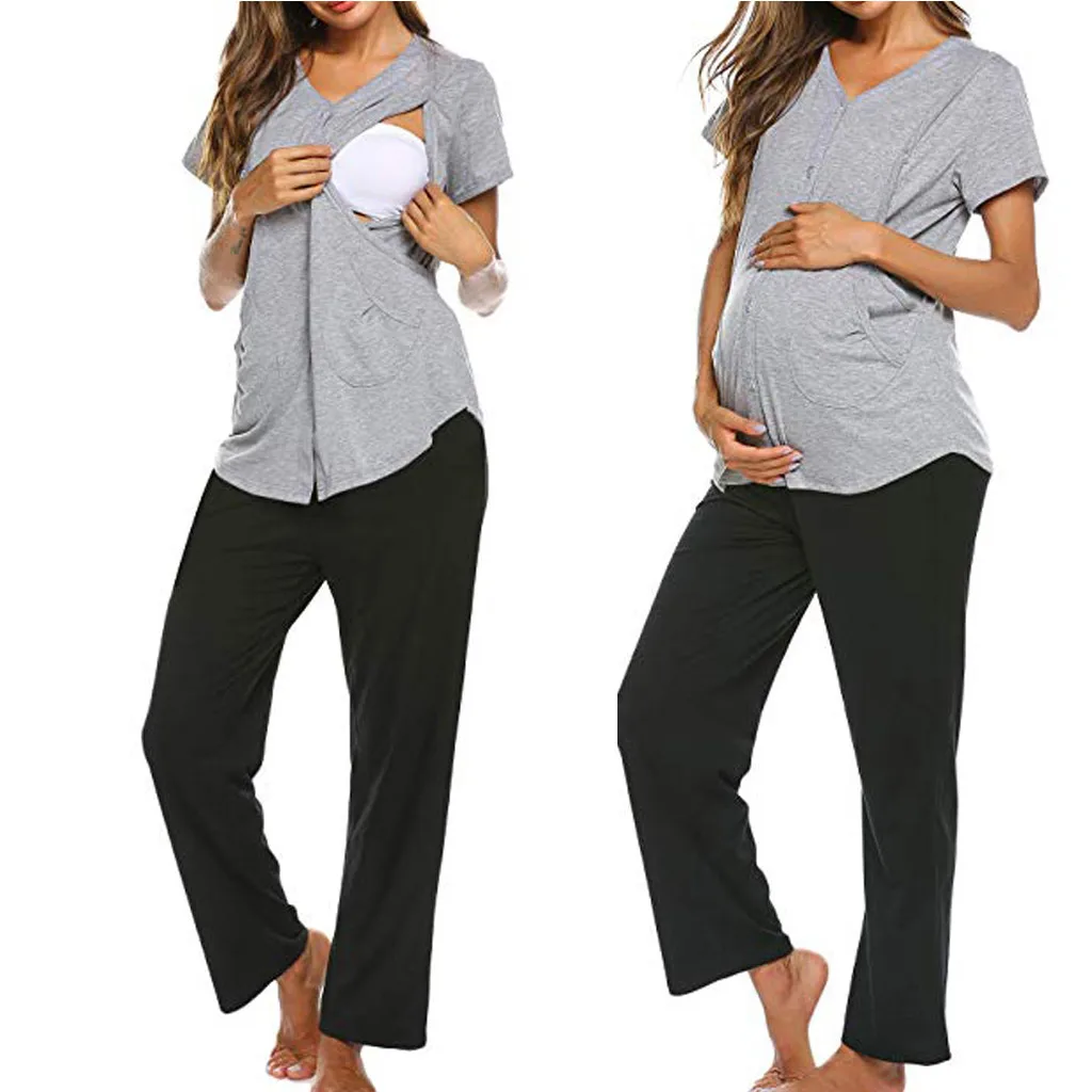 Мода для беременных краткосрочных Уход сплошной Грудное вскармливание куртка Штаны Дамы Беременные женщины с короткими рукавами Однотонная футболка костюм