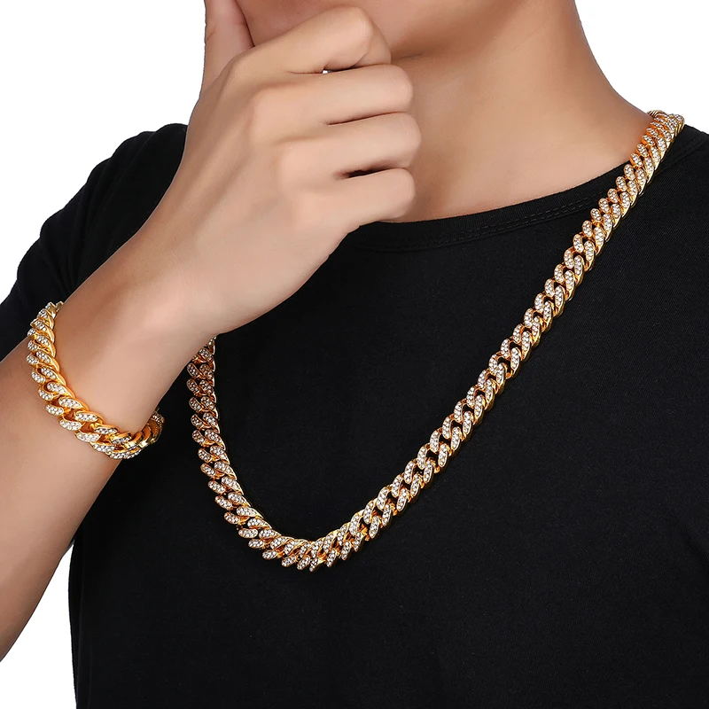 

US7 Full Ice out Necklaces for Men Micro Miami Cuban Chain Choker Necklace cuban link Chain Bundle Rapper Men Fashion Jewelry