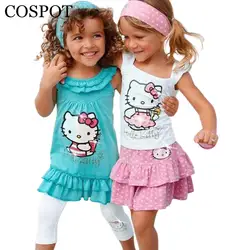 Летний комплект hello kitty для маленьких девочек, комплект из 3 предметов для девочек, повязка на голову + платье + штаны, комплекты детской