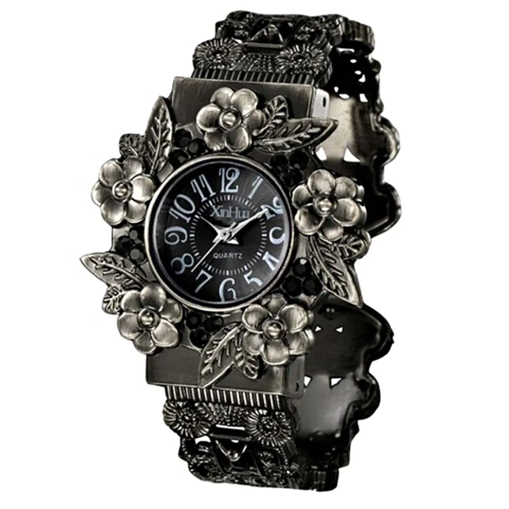 Новинка, женские винтажные часы, женские часы, модные античные кварцевые часы с гравировкой, браслет, часы, Relogio Feminino - Цвет: 735black