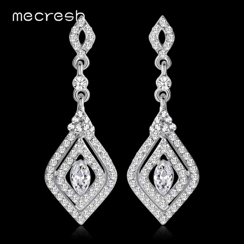 

Mecresh Cute Crystal Geometric Bridal Drop Earrings for Women Silver Color Hanging Earrings Wedding Engagement Jewelry MEH1172