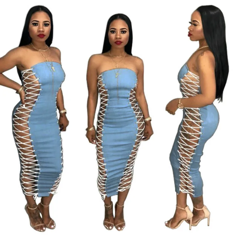 

Sexy Off the Shoulder Women Bodycon Dresses Hollow Out 2 Sides Lace-up Club Dresses Denim female SMR9017