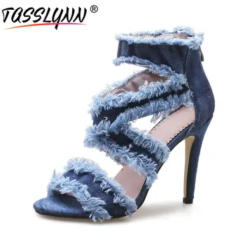 

TASSLYNN 2019 Sexy Women Sandals Zipper Gladiator Thin High Heels Summer Shoes Fashion Denim Out Door Shoes Woman Size 34-43