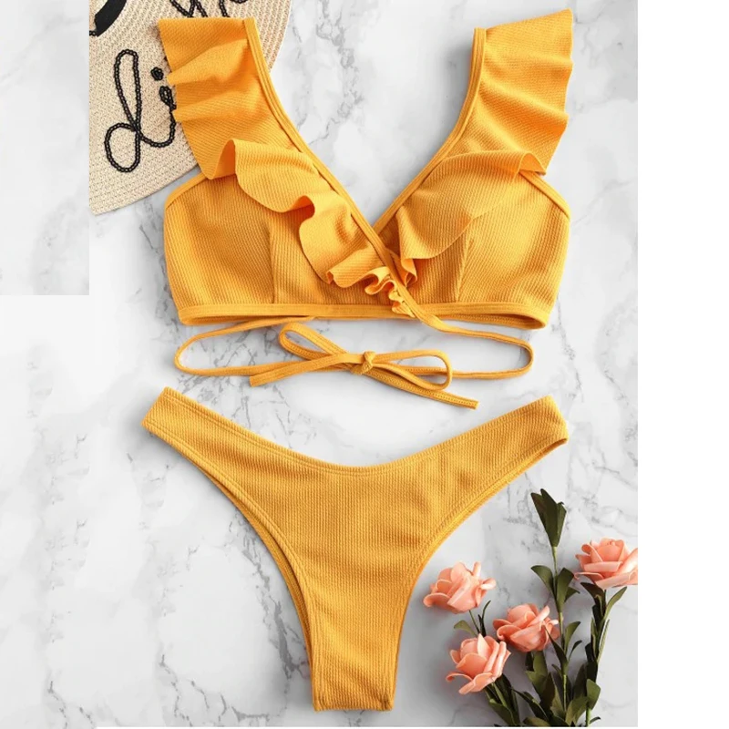 LASPERAL 2019 mujeres Halter traje de baño Push Up Bikini Set Ruffle Biquini cintura baja Sexy acanalado traje de baño femenino ropa de playa