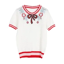 GRUIICEEN цветочной вышивкой трикотажные весна с коротким рукавом Футболка бриллиантами галстук-бабочка круглым вырезом Женская футболка рабочая одежда футболка