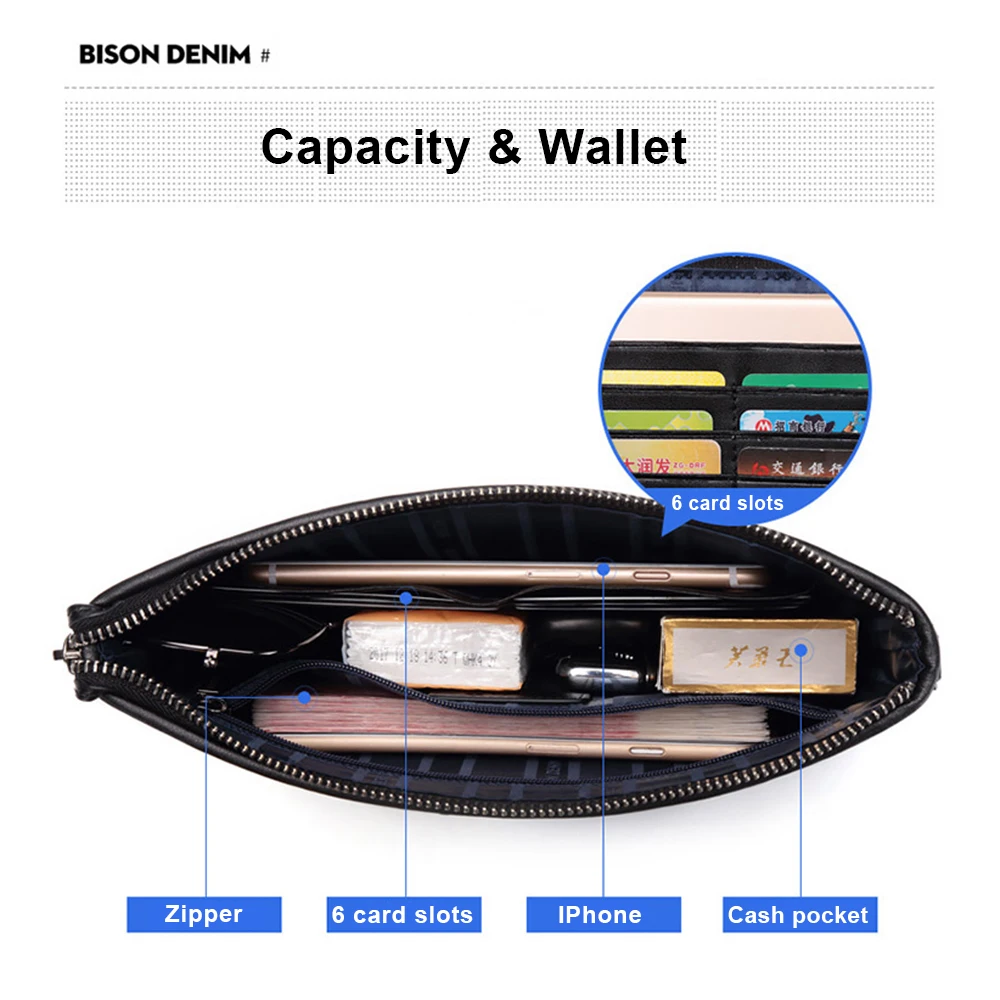 Мужской Длинный кошелек BISON DENIM коричневый брендовый клатч из натуральной