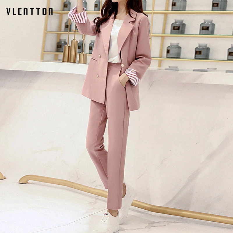 

Spring Pink Women's Pant Suit Double Breasted Office Women's Blazers+ Pants Sets Striped Long Sleeve Trouser 2 Piece Set Women