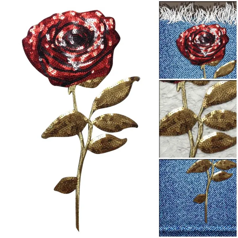 

Rose Flowers Sequins for Clothing DIY Iron on Patches Clothes Embroidered parches 33*13 CM 1 Piece Stripes Motif Appliques