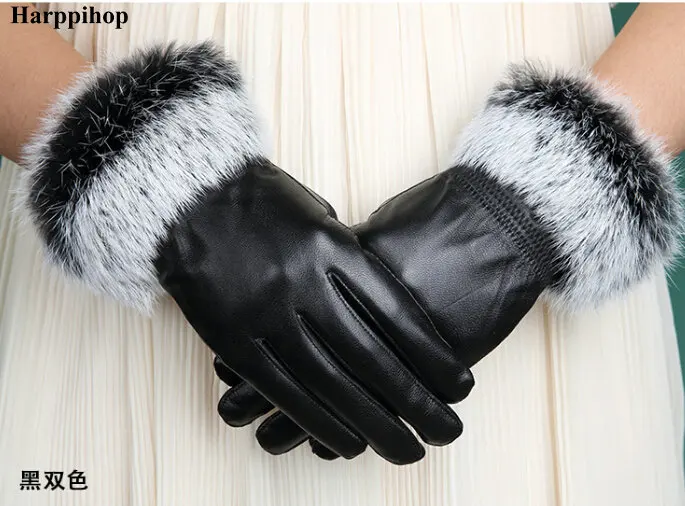 Женские черные перчатки из овечьей кожи на осень/зиму|sheepskin leather gloves|leather glovesrabbit fur