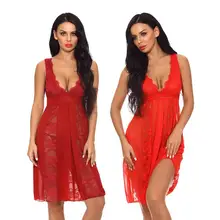Women's Lace Lingerie Long Robe Sleepwear Chemise V Neck Babydoll Nightwear Sexy Dress