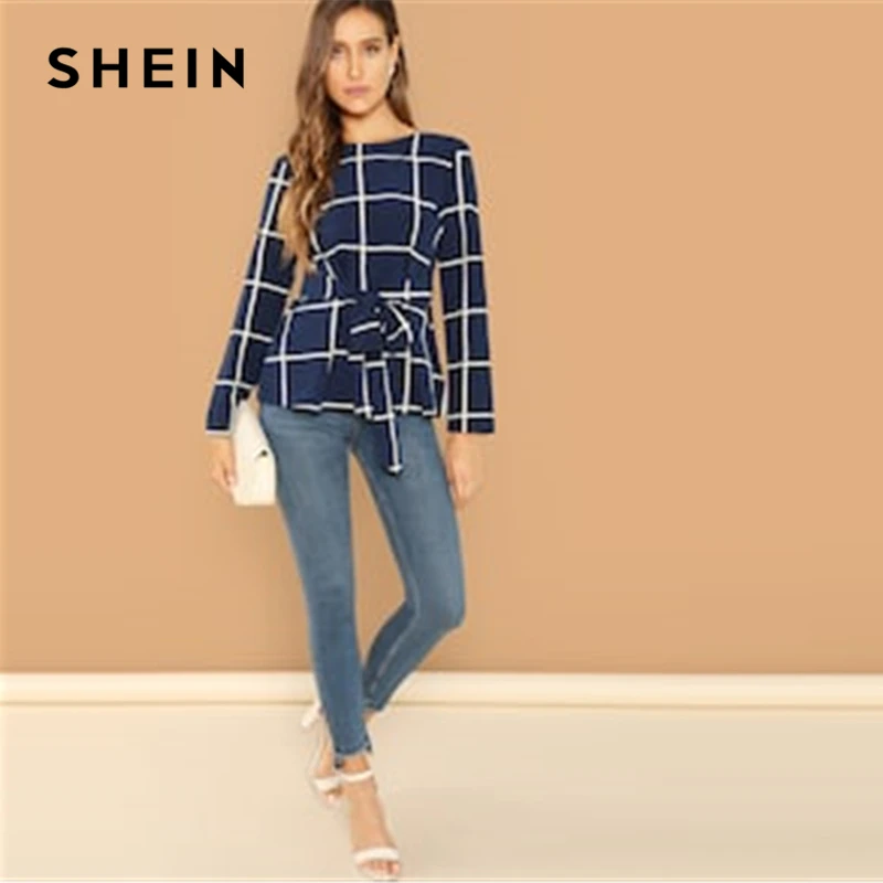 SHEIN Weekend Casual Modern Lady Navy Self Belted Grid Round Neck Long Sleeve Plaid Pullovers Top Women Autumn Plain Blouse